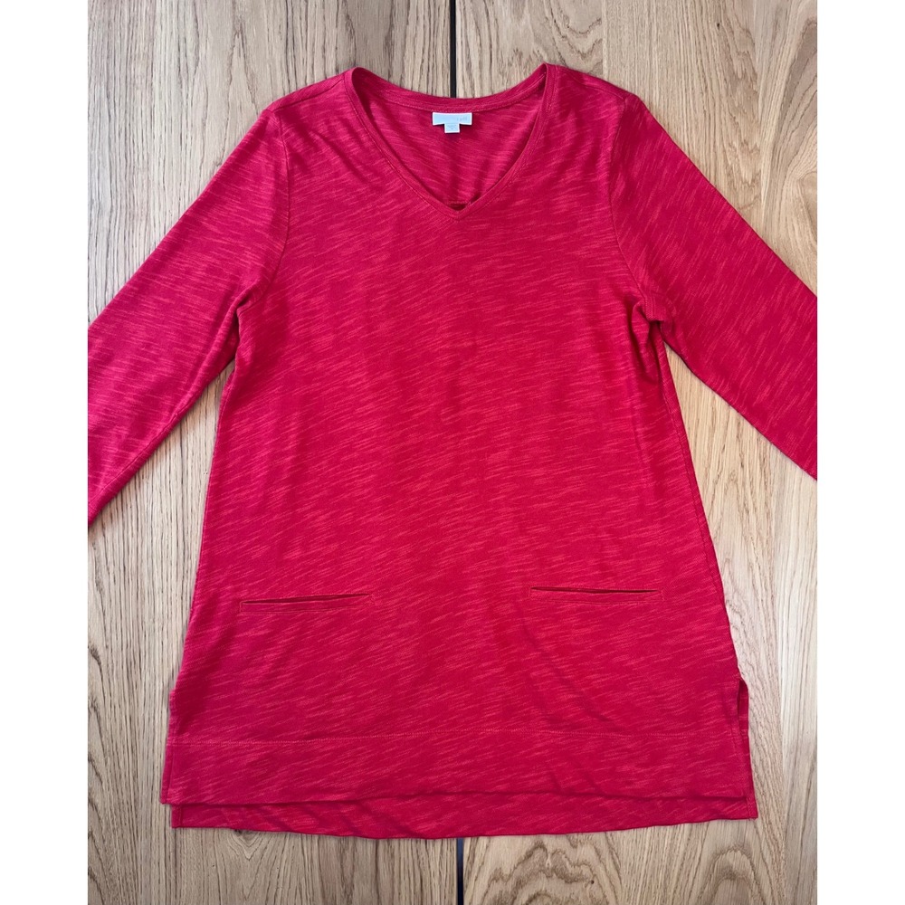 J. Jill V-Neck Tunic Top Women Size M Red Slub Knit Casual Pockets